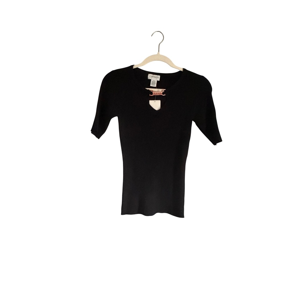 Carmen Marc Valvo Women Black Ribbed Knit Keyhole Top Rose Gold Hardware XS